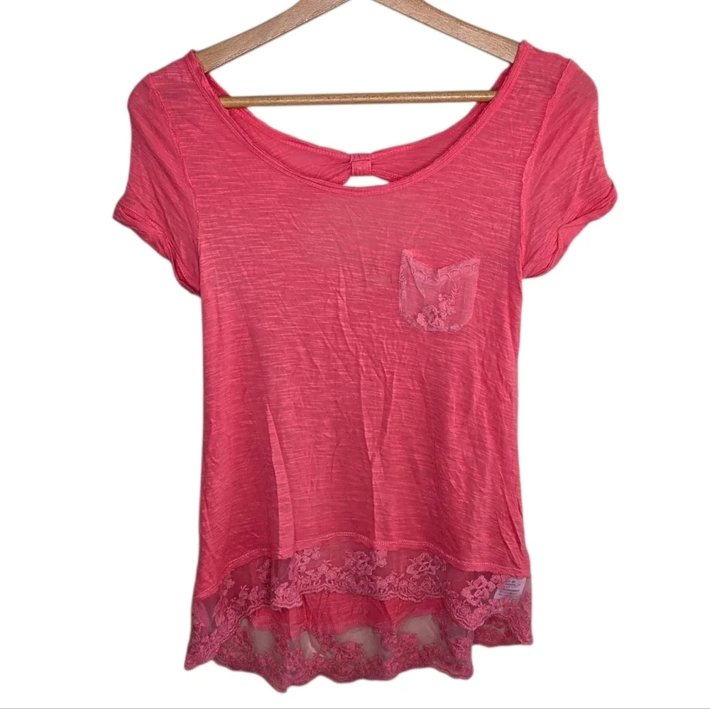 Abercrombie Kids Coral Lace Trim Pocket Tissue Tee Open Back Girls Size XL